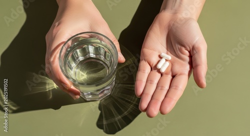 Person holding a glass of water and white capsules in their hand