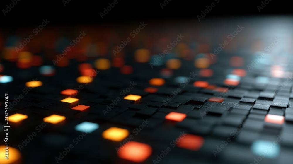 Fototapeta premium Colorful glowing square pixels on digital grid creating gaming and technology inspired background