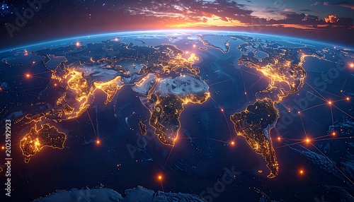 Glowing World Map with Connected City Lights Viewed From Space at Sunrise