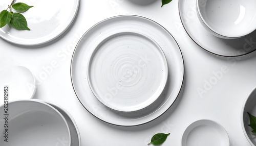 Minimal White Ceramic Tableware Arranged on Clean White Background