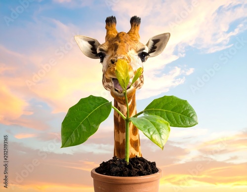 Curious Giraffe Looking at Potted Green Plant Against Colorful Sunset Sky