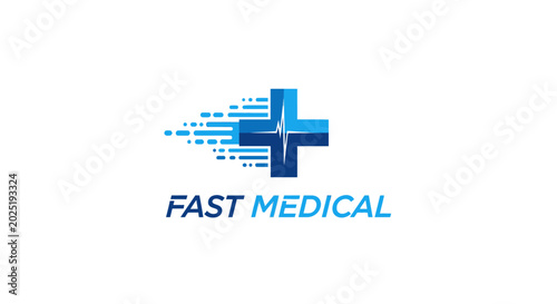 Blue medical cross logo with heartbeat and speed motion effect