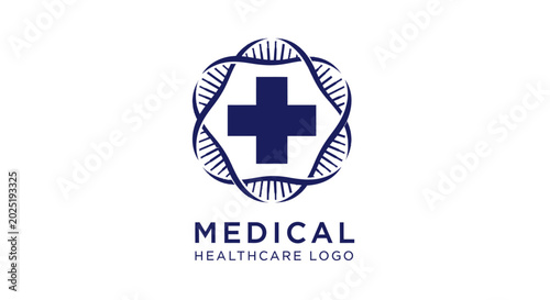 Blue medical cross icon with DNA helix circular border