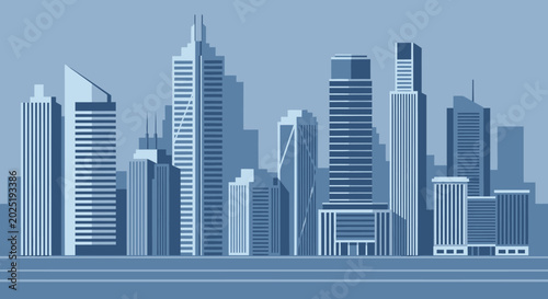 Blue minimalist city skyline illustration with modern skyscrapers