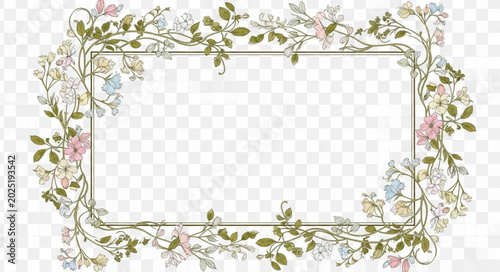 Rectangular frame adorned with delicate wildflowers and green leaves.
