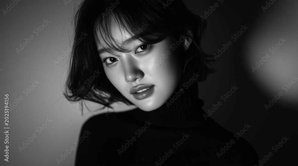 Naklejka premium Asian female portrait, black and white beauty, medium long shot, candid face, short hair, dark background, studio lighting
