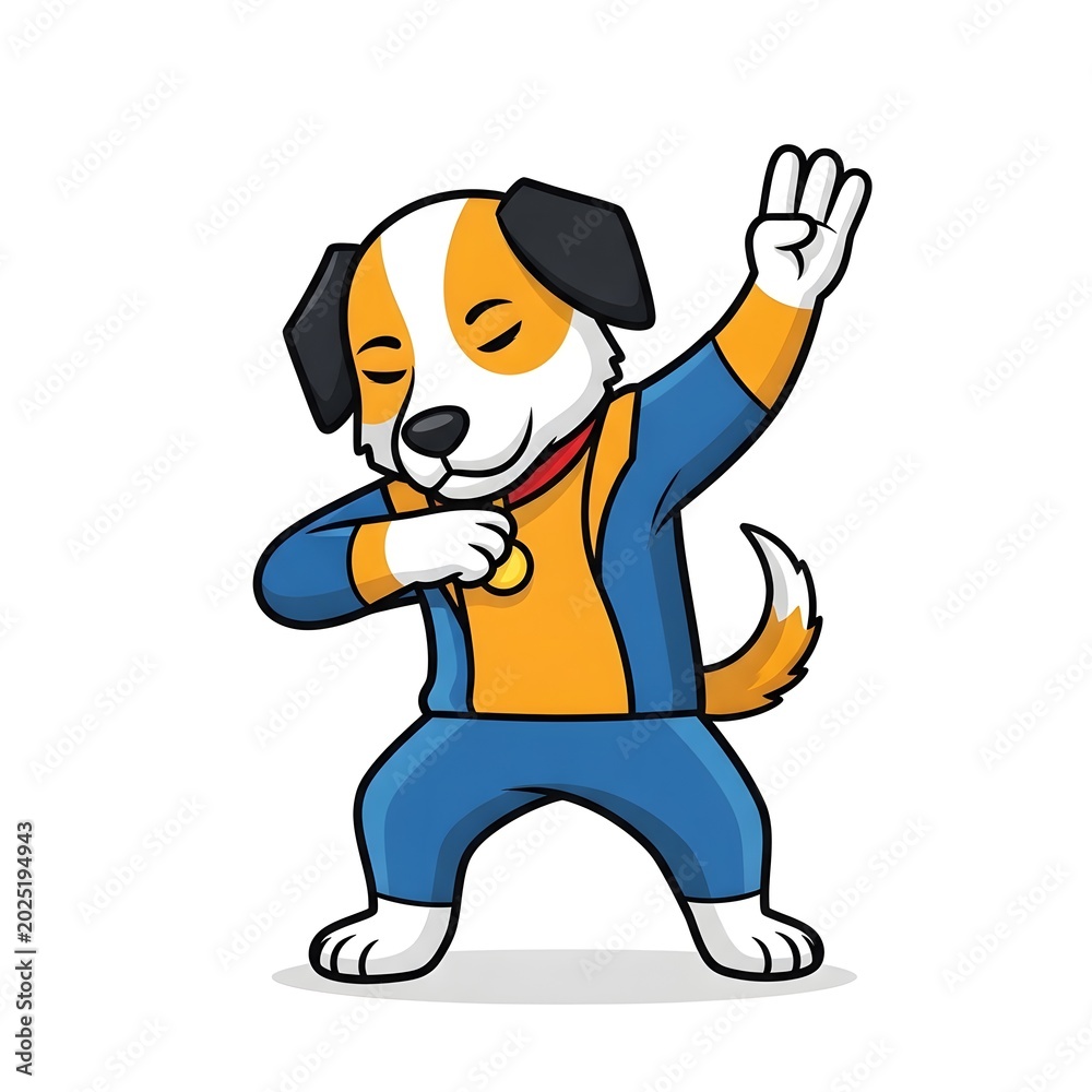 Fototapeta premium Cute cartoon puppy dog dabbing in a blue and orange outfit