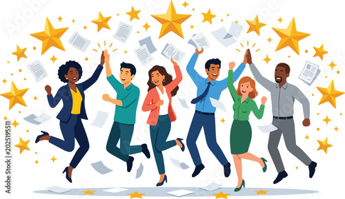 Diverse team celebrating success with high-fives and flying papers and stars.
