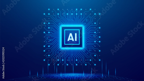 Futuristic AI microchip concept. Artificial Intelligence semiconductor technology concept with circuit board. AI chip processor with glowing elements on circuit board. Technology vector illustration.