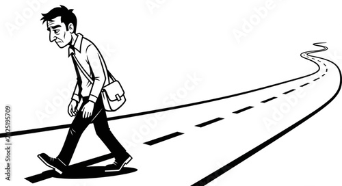 Fotografie Sad man walking alone on a long winding road.