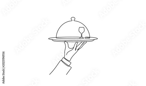 Tableau sur toile Continuous One Line Drawing Waiter Hand Holding Tray Vector Illustration
