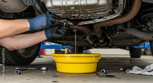Mechanic changing oil from car engine in auto service shop. Man draining dirty fluid into recovery pan. Professional vehicle maintenance, repair work, automotive engineering industry.