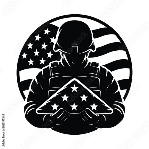 U.S. Soldier Holding Folded American Flag Memorial Emblem isolated on white background