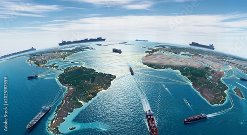 Global shipping routes connecting continents with cargo ships during daylight hours for logistics