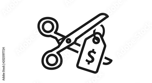 Scissors cutting price tag symbol of discount sale and savings concept