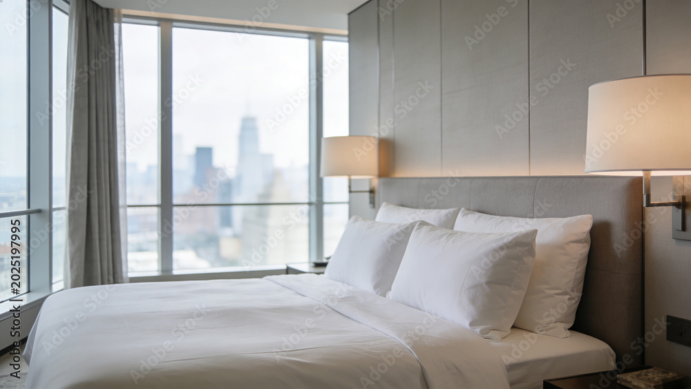 Fototapeta premium Luxury bedroom overlooks city skyline
