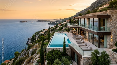 Spectacular coastal luxury home with infinity pool, glass balconies, and terraces