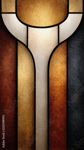 Abstract geometric stained glass design featuring warm earthy tones and elegant metallic contrasts for modern interior decor