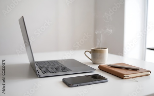 A laptop computer, smartphone, notebook, pen, and steaming coffee mug on a white desk