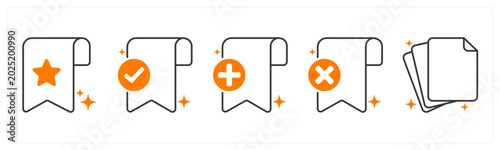 Bild auf Leinwand A set of 5 icons as bookmark, bookmark check, bookmark add in orange color
