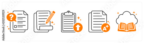Tableau sur toile A set of 5 icons as quiz, exam, upload assignment in orange color