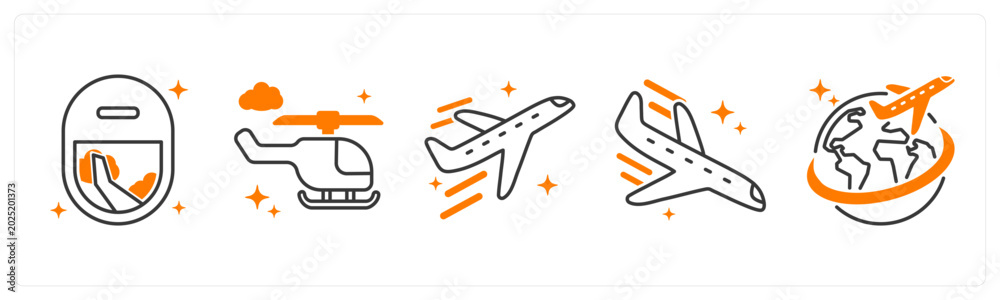 Εκτύπωση καμβά A set of 5 icons as plane window, helicopter, airplane takeoff in orange color