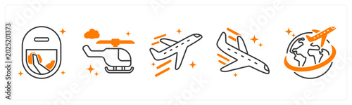 Photos A set of 5 icons as plane window, helicopter, airplane takeoff in orange color