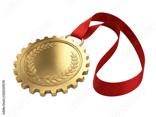 Gold winner medal with laurel wreath and red ribbon white background, competition white background