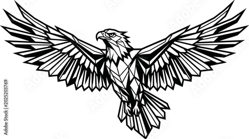 Fotografía Majestic Geometric Eagle Flying with Spread Wings on an Isolated White Background, conveying freedom, power, and abstract style