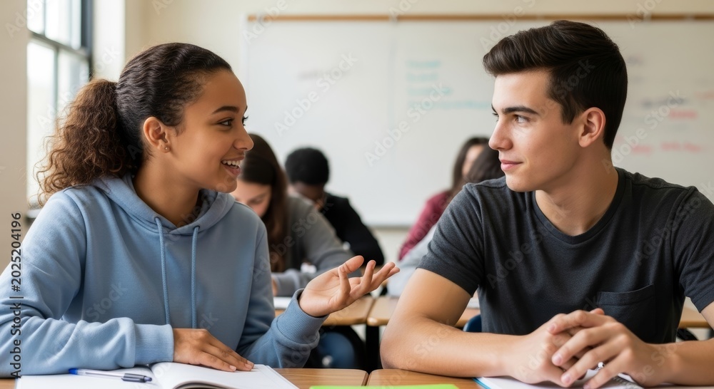 Fototapeta premium Woman and man student talking in classroom during lesson. Diverse teenagers sitting at desk discussing study task. Academic lifestyle, young people communication and education concept.