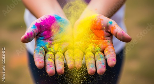 Woman holding vibrant multicolored powder in cupped hands. Celebration of Holi festival with traditional bright pigment. Artistic concept of joy, creativity and cultural heritage event.
