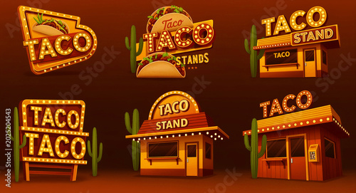Retro taco stand signage and street food stalls with marquee lights. Featuring vintage Mexican food designs, cacti, and glowing bulb typography. Ideal for restaurant branding and food marketing.