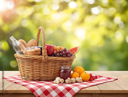 Wicker Picnic Basket Filled with Fresh Fruits and Bread on a Wooden Table Outdoors.