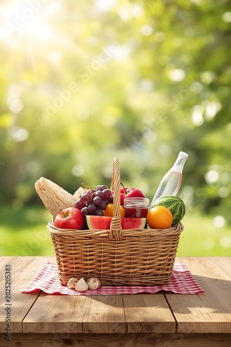Picnic Basket Full of Fresh Food and Drinks on a Wooden Table Outdoors.