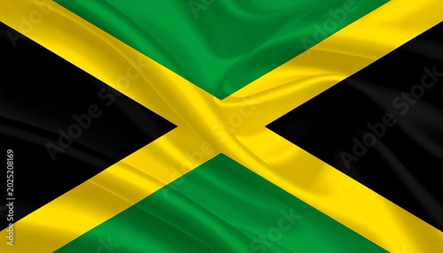 Jamaica flag displayed with green black and gold colors waving in the wind