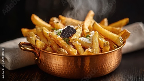 Luxurious truffle fries with black truffle slice and parmesan cheese in copper bowl, steaming hot gourmet appetizer on rustic wooden table