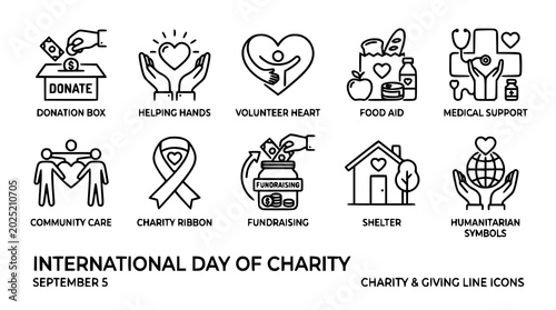 International Day of Charity line icon set with donation volunteer and humanitarian support symbols vector isolated on white
