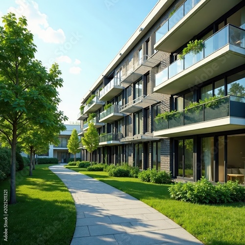 Glass windows of modern student residence hall with lush greenery, modern, building