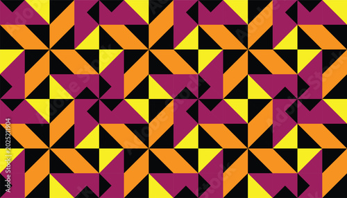 Seamless geometric vector pattern with abstract pinwheel shapes. Modern kaleidoscope background in vibrant purple, orange, yellow, and black. Perfect for textile print, trendy packaging, and wrapping 
