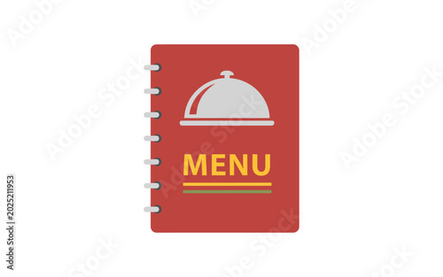 Flat of a red spiral-bound restaurant menu with a food cloche symbol