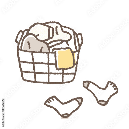洗濯かごに入った洗濯物と落ちている一揃いの靴下のイラスト