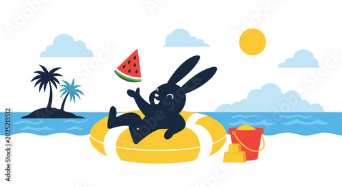 Fun summer illustration of a cute black rabbit character relaxing on a yellow floatie at the beach with a watermelon slice.