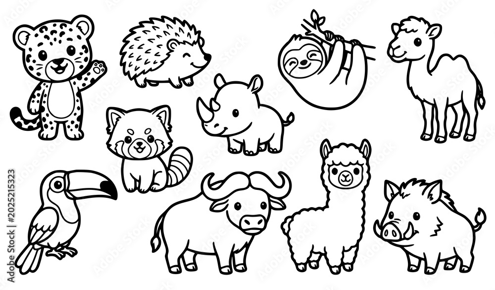Fototapeta premium Fun Chibi Forest and Zoo Animal Friends Coloring Page Vector Collection