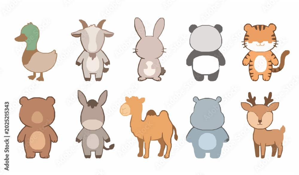 Fototapeta premium Cute Hand Drawn Kawaii Farm and Zoo Animal Characters Vector Collection
