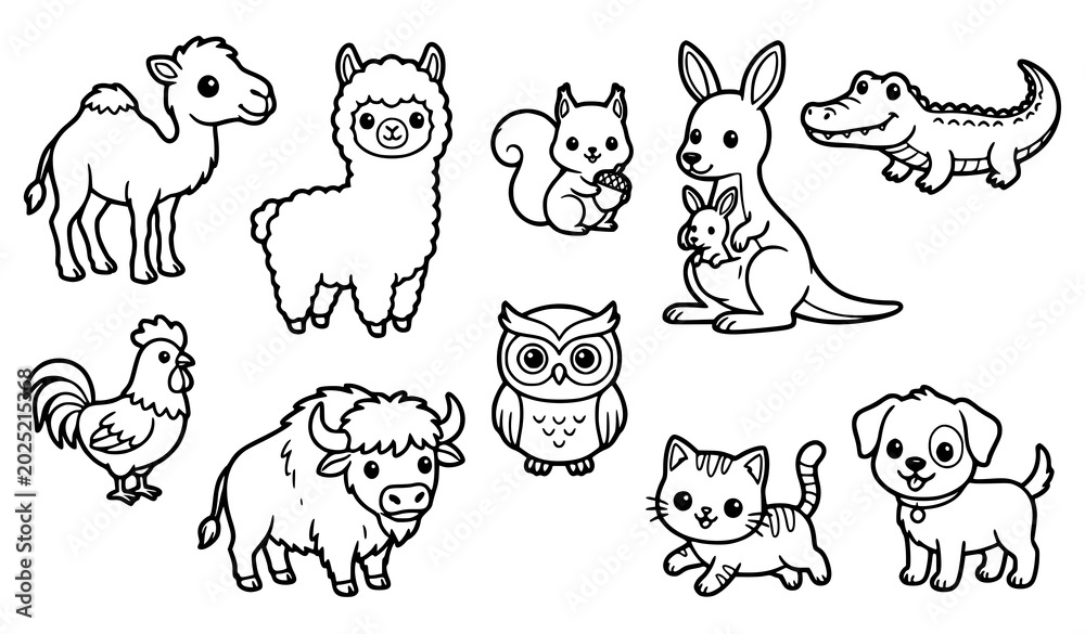 Fototapeta premium Fun Cute Zoo and Farm Animal Friends Coloring Page Vector Illustration