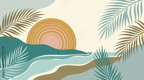 Fotografía A minimalist tropical sunset scene with palm trees and waves on a beach
