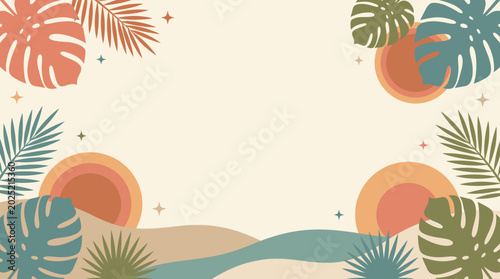 Cuadro en lienzo A minimalist tropical scene featuring various leaves and plants on a beach