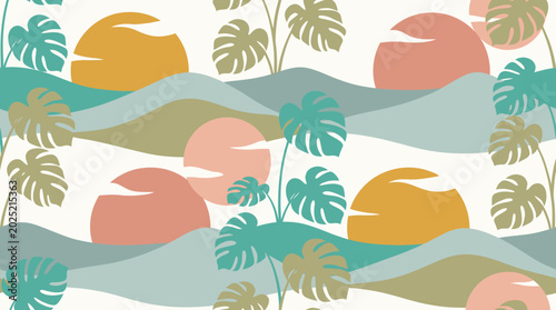 Foto A minimalist tropical landscape features abstract hills, suns, and lush plants in a vibrant, stylized illustration