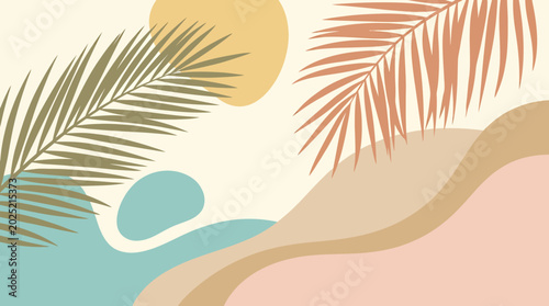 Foto A serene minimalist tropical landscape featuring a sandy beach with palm trees and calm waters