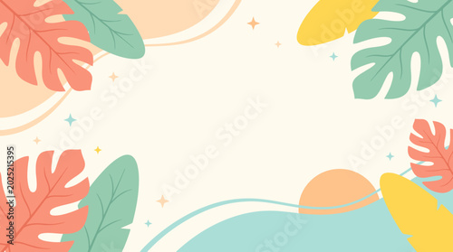 Foto Vibrant minimalist tropical scene with colorful leaves and abstract shapes float